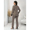 Kadın Uzun Kollu Yakalı Desenli Dalgıç Ceket Bluz Ve Pantolon üçlü Takım