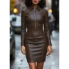Kadın Uzun Kollu Yakalı Fermuarlı Mini Deri Elbise