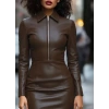 Kadın Uzun Kollu Yakalı Fermuarlı Mini Deri Elbise