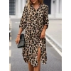 Kadın Uzun Kollu Yakalı önden Düğmeli Leopar Desenli Modal Midi Elbise