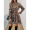 Kadın Uzun Kollu Yarı Balıkçı Yaka Leopar Desenli Modal Mini Elbise