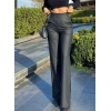 Kadın Yüksek Bel Cepli şardonlu Geniş Paçalı Mat Deri Pantolon