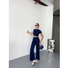 Osy Modal Yumuşak Dokulu Kumaş Kısa Kollu Crop Alt Ispanyol Paça Pantalon Ikili Takım - Lacivert