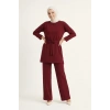 Osy Modal Yumuşak Dokulu Kuşaklı Tesettür Takım Salaş Kalıp 4/3 Kol Katlanmış Kol İkili Takım - Bordo