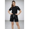 Spor Tişört Şort Takım Kontrast Dikiş Detaylı Ovarsize Rahat Kalıp - Siyah