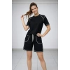 Spor Tişört Şort Takım Kontrast Dikiş Detaylı Ovarsize Rahat Kalıp - Siyah