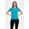 T-Shirt Bisiklet Yaka Slim Fit Likralı Tişört Günlük Basic Body - Turkuvaz