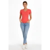 T-Shirt V Yaka Slim Fit Likralı Tişört Günlük Basic Body - Nar Çiçeği