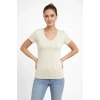 T-Shirt V Yaka Slim Fit Likralı Tişört Günlük Basic Body - Taş