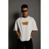 Unisex Bisiklet Yaka Baskılı Oversize T-Shirt - Beyaz