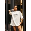 Unisex Bisiklet Yaka Baskılı Oversize T-Shirt - Beyaz
