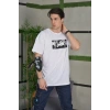 Unisex Bisiklet Yaka Baskılı Oversize T-Shirt - Beyaz