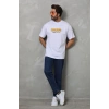 Unisex Bisiklet Yaka Baskılı Oversize T-Shirt - Beyaz
