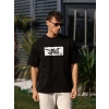 Unisex Bisiklet Yaka Baskılı Oversize T-Shirt - Siyah