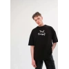 Unisex Bisiklet Yaka Baskılı Oversize T-Shirt - Siyah