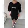 Unisex Bisiklet Yaka Baskılı Oversize T-Shirt - Siyah
