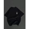 Unisex Bisiklet Yaka Baskılı Oversize T-Shirt - Siyah