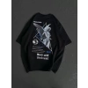 Unisex Bisiklet Yaka Baskılı Oversize T-Shirt - Siyah