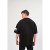 Unisex Bisiklet Yaka Baskılı Oversize T-Shirt - Siyah
