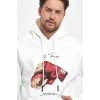 Unisex Kapüşonlu Üç İplik Oversize Baskılı Sweatshirt - Beyaz