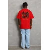 Unisex Oversize Baskılı Bisiklet Yaka T-Shirt - Kırmızı