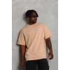 Unisex Oversize Düz Bisiklet Yaka T-Shirt - Bej