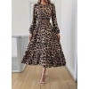 Uzun Kollu Bisiklet Yaka Leopar Desenli Midi Süprem Elbise