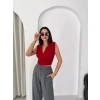 Vatkalı Kolsuz V Yaka Drapeli Crop Bluz Likralı Fit - Kırmızı