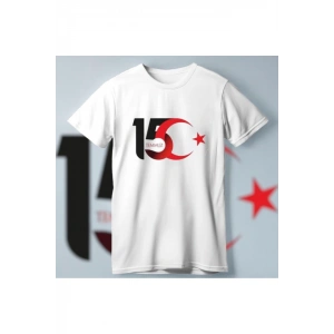 15 Temmuza Özel Tasarım Ay Yıldız Baskılı T-shirt - Beyaz