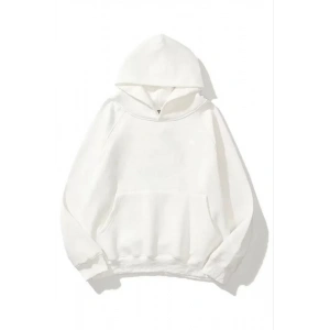 3 İplik Pamuklu Unisex Kapşonlu Sweetshirt - Beyaz