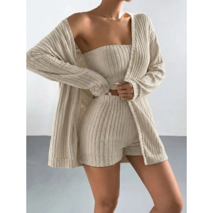 Kadın Uzun Kollu önü Açık şardonlu Kaşkorse Ceket Büstiyer Ve Short üçlü