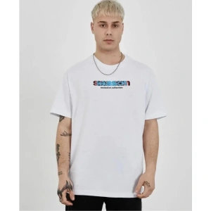 Unisex Bisiklet Yaka Baskılı Oversize T-Shirt - Beyaz