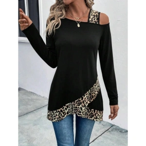 Kadın Tek O Uzdan Açık Askılı Uzun Kollu Leopar Detaylı Viskon Bluz