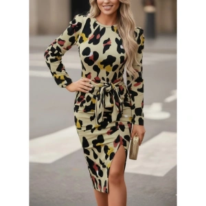 Kadın Uzun Kollu Yuvarlak Yaka Belden Kuşaklı önden Yırtmaçlı örme Krep Elbise