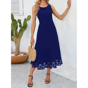 Kadın Kolsuz Etek Ucu Lazer Kesim çiçek Desenli Midi Boy Ithal Krep Elbise