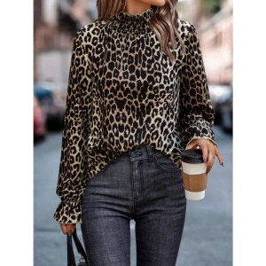 Kadın Uzun Kollu Gipe Detaylı Balıkçı Yaka Leopar Desenli Süprem Bluz