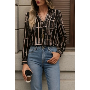 Kadın Uzun Kollu V Yakalı Desenli Dalgıç Bluz