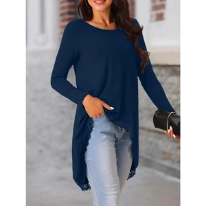 Kadın Uzun Kollu Bisiklet Yaka Asimetrik Kesim Detaylı Dantelli Viskon Bluz