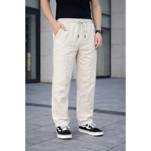 Erkek Keten Cepli Çıma Dikişli Jogger Buggy Pantalon Rahat Kalıp - Krem