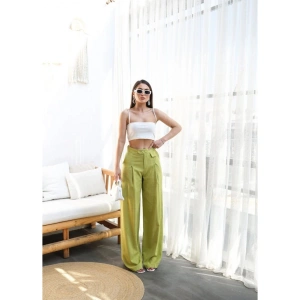 Keten Düğme Detayli Dökümlü Palazzo Pantolon