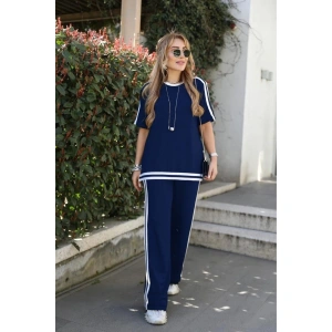 Kadın Kısa Kollu Bisiklet Yaka çift Renk şerit Detaylı Viskon Iki Iplik Bluz Ve Pantolon Ikili Takım