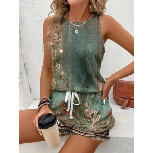 Kadın Askılı Yuvarlak Yaka çiçek Baskılı Süprme Bluz Ve Short Ikili Takım