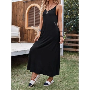 Kadın Ip Askılı Derin Geniş V Yakalı Uzun Viskon Elbise