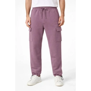 Erkek Baggy Üç İplik Kargo Cepli Eşofman Ayarlanabilir Paça Beli İpli Pantolon - Gül Kurusu