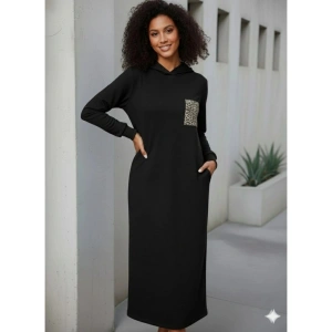 Kadın Uzun Kollu Kapşonlu Cep Detaylı Viskon Iki Iplik Maxi Elbise