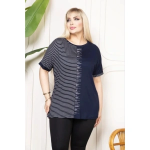 Büyük Beden Taş Detaylı Çizgili Viskon Tişört Bisiklet Yaka Rahat Kesim - Lacivert