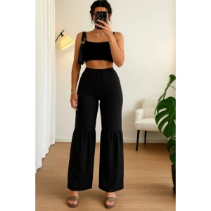 Kadın Yüksek Bel Parça Detay Bol Paça Pantolon