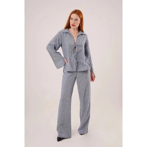 Ön Bağlama Detaylı Pantolon Ve Gömlek İndigo İkili Takım