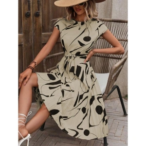 Kadın Kısa Yarasa Kollu Yuvarlak Yaka Beli Büzgülü Süprem Elbise