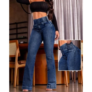 Kadın Yüksek Bel Yanları Lastik önü Düğmeli Kot Pantolon